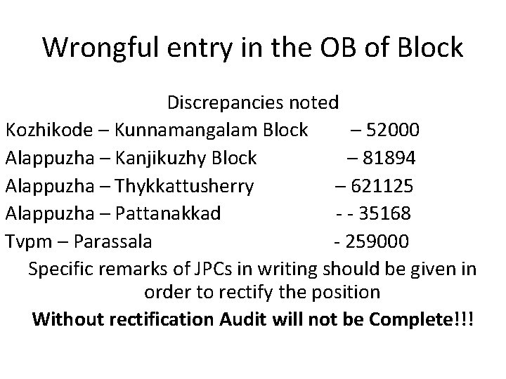 Wrongful entry in the OB of Block Discrepancies noted Kozhikode – Kunnamangalam Block –