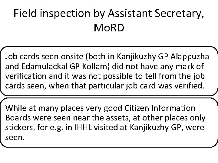 Field inspection by Assistant Secretary, Mo. RD Job cards seen onsite (both in Kanjikuzhy