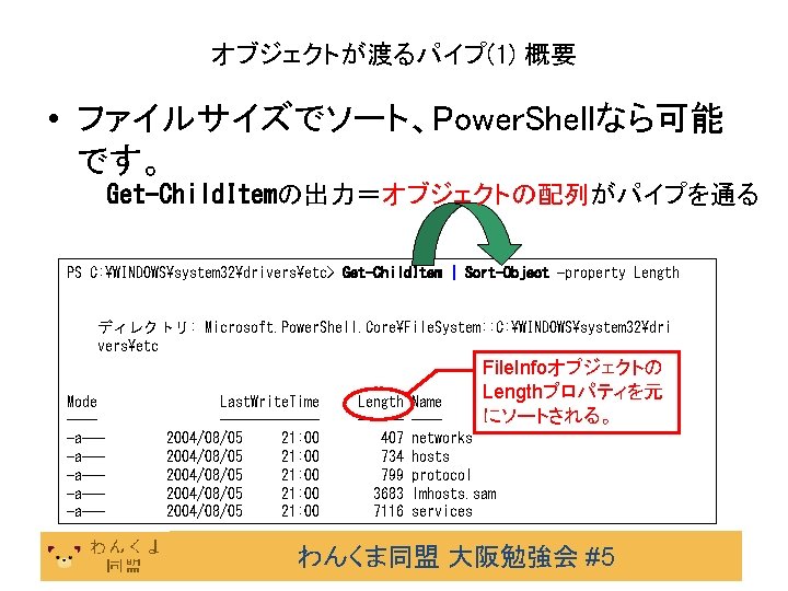 オブジェクトが渡るパイプ(1) 概要 • ファイルサイズでソート、Power. Shellなら可能 です。 Get-Child. Itemの出力＝オブジェクトの配列がパイプを通る PS C: WINDOWSsystem 32driversetc> Get-Child. Item