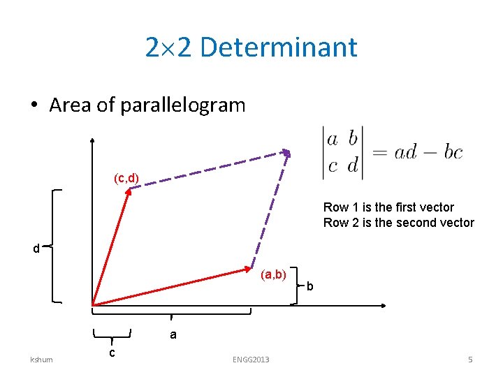 2 2 Determinant • Area of parallelogram (c, d) Row 1 is the first