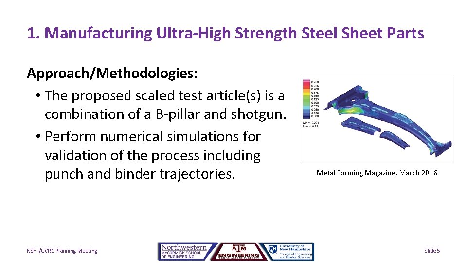 1. Manufacturing Ultra-High Strength Steel Sheet Parts Approach/Methodologies: • The proposed scaled test article(s)