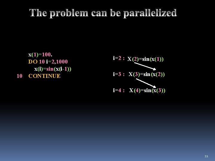 x(1)=100. DO 10 i=2, 1000 x(i)=sin(x(i-1)) 10 CONTINUE i=2 : X(2)=sin(x(1)) i=3 : X(3)=sin(x(2)) x(1)=100. DO 10 i=2, 1000 x(i)=sin(x(i-1)) 10 CONTINUE i=2 : X(2)=sin(x(1)) i=3 : X(3)=sin(x(2))