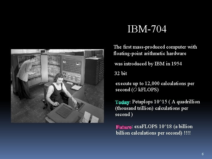 IBM-704 The first mass-produced computer with floating-point arithmetic hardware was introduced by IBM in IBM-704 The first mass-produced computer with floating-point arithmetic hardware was introduced by IBM in