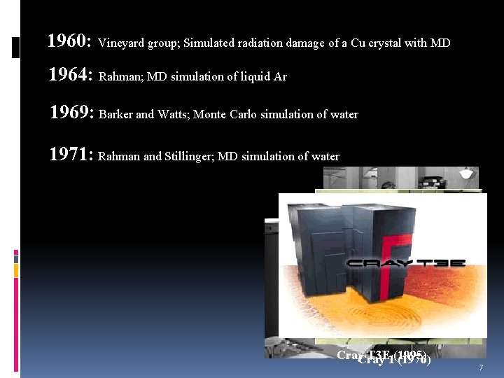 1960: Vineyard group; Simulated radiation damage of a Cu crystal with MD 1964: Rahman; 1960: Vineyard group; Simulated radiation damage of a Cu crystal with MD 1964: Rahman;