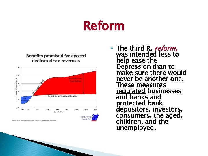 Reform The third R, reform, was intended less to help ease the Depression than