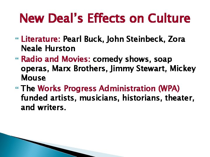 New Deal’s Effects on Culture Literature: Pearl Buck, John Steinbeck, Zora Neale Hurston Radio