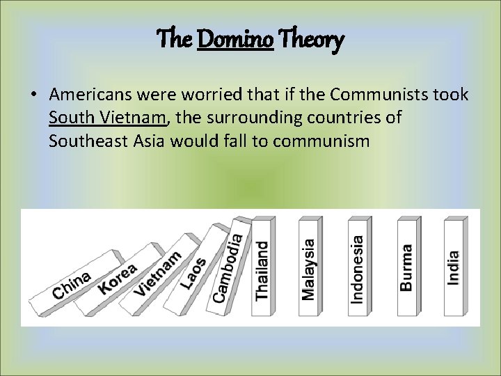 The Domino Theory • Americans were worried that if the Communists took South Vietnam,