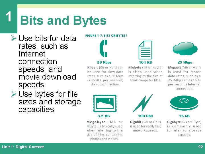1 Bits and Bytes Ø Use bits for data rates, such as Internet connection