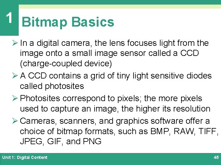 1 Bitmap Basics Ø In a digital camera, the lens focuses light from the