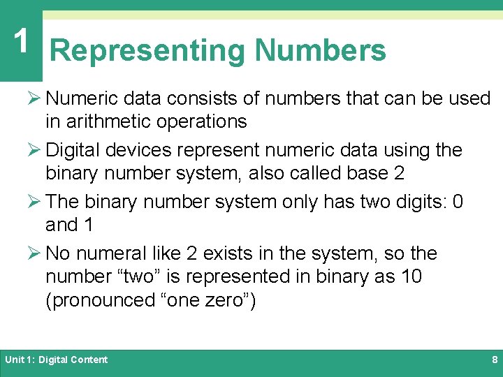 1 Representing Numbers Ø Numeric data consists of numbers that can be used in