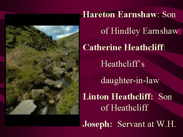 Hareton Earnshaw: Son of Hindley Earnshaw Catherine Heathcliff: Heathcliff’s daughter-in-law Linton Heathcliff: Son of