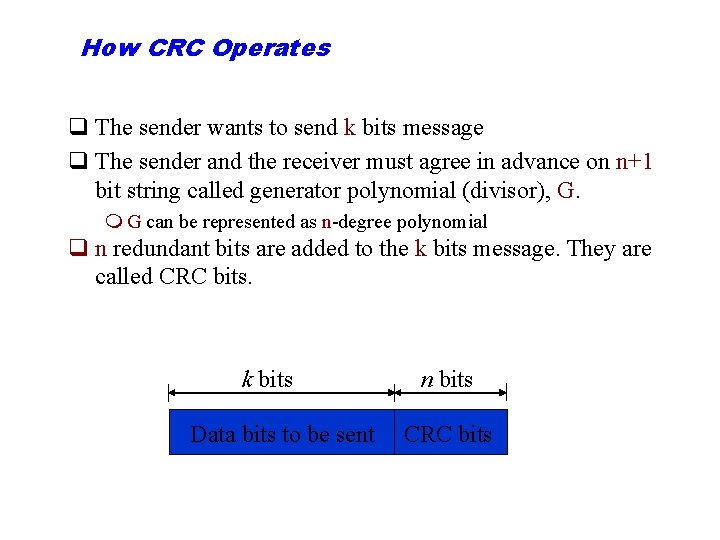 How CRC Operates q The sender wants to send k bits message q The