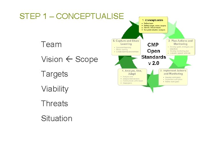 STEP 1 – CONCEPTUALISE Team Vision Scope Targets Viability Threats Situation 