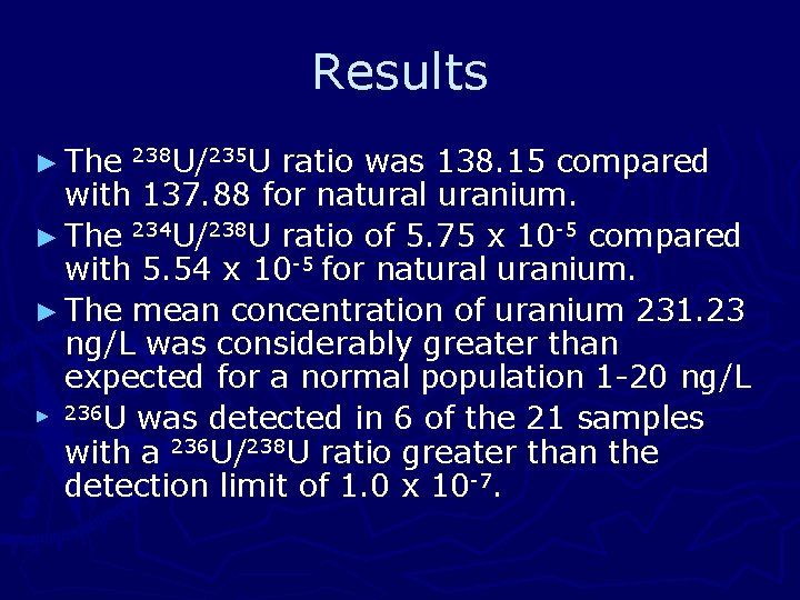 Results ► The 238 U/235 U ratio was 138. 15 compared with 137. 88