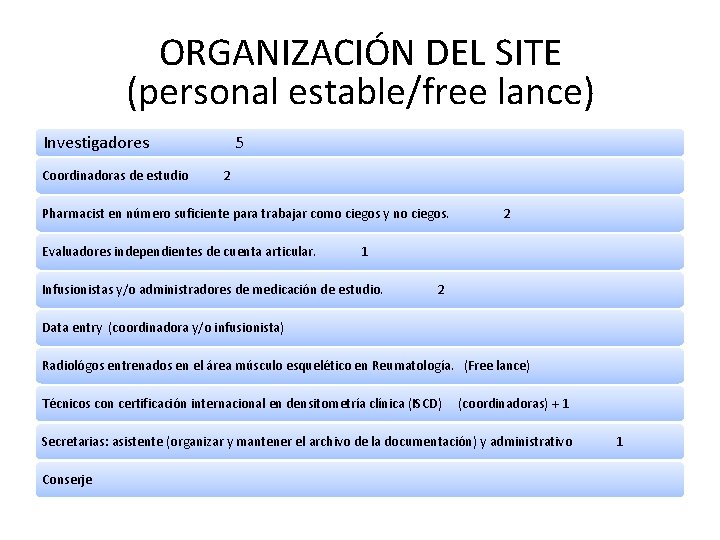 ORGANIZACIÓN DEL SITE (personal estable/free lance) Investigadores 5 Coordinadoras de estudio 2 Pharmacist en