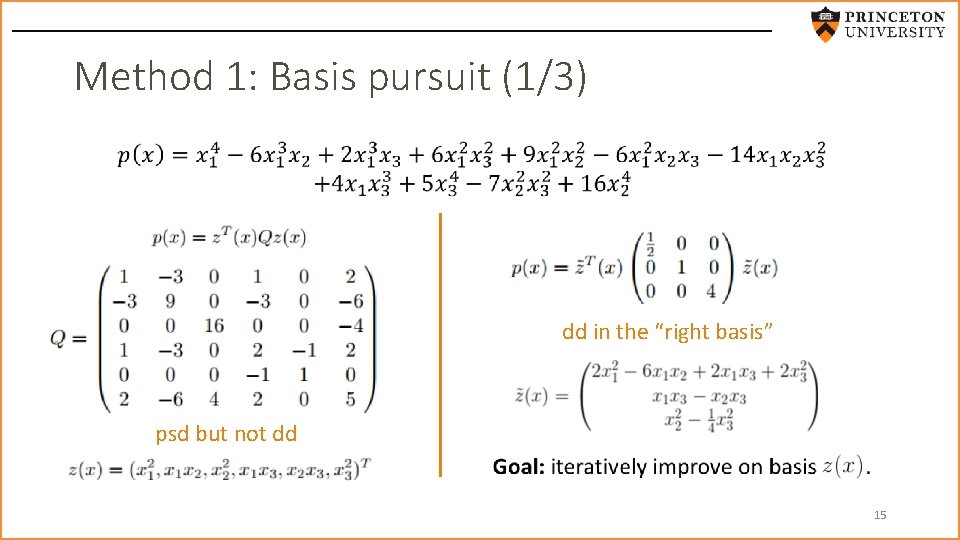 Method 1: Basis pursuit (1/3) dd in the “right basis” psd but not dd