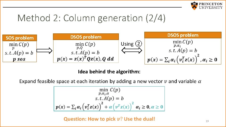 Method 2: Column generation (2/4) DSOS problem Using ② Idea behind the algorithm: 19