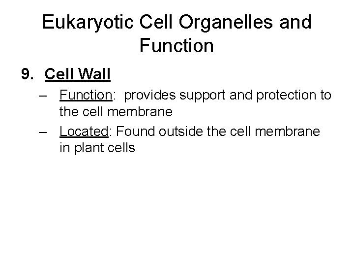 Eukaryotic Cell Organelles and Function 9. Cell Wall – Function: provides support and protection