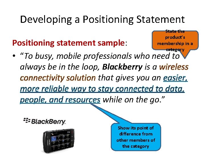 Developing a Positioning Statement State the product’s membership in a category Positioning statement sample: