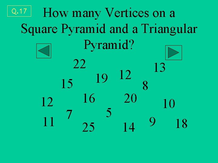 How many Vertices on a Square Pyramid and a Triangular Pyramid? 22 13 12