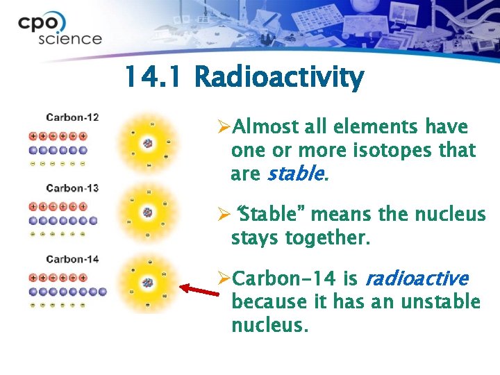 14. 1 Radioactivity ØAlmost all elements have one or more isotopes that are stable. 14. 1 Radioactivity ØAlmost all elements have one or more isotopes that are stable.