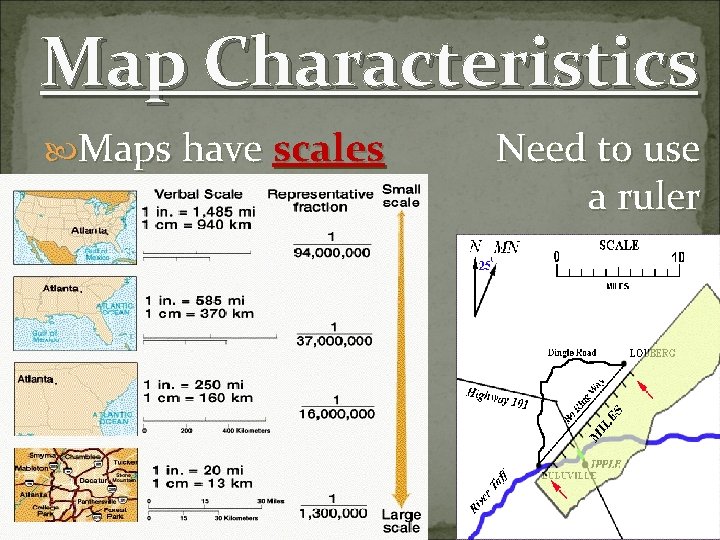Map Characteristics Maps have scales Need to use a ruler Map Characteristics Maps have scales Need to use a ruler