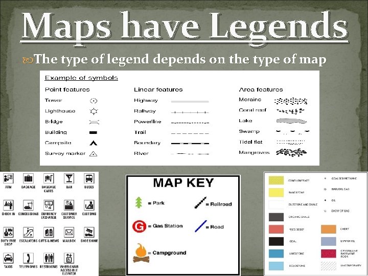 Maps have Legends The type of legend depends on the type of map Maps have Legends The type of legend depends on the type of map