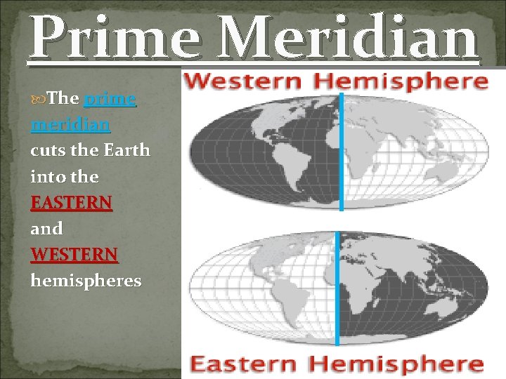 Prime Meridian The prime meridian cuts the Earth into the EASTERN and WESTERN hemispheres Prime Meridian The prime meridian cuts the Earth into the EASTERN and WESTERN hemispheres