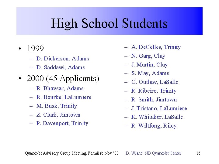 High School Students • 1999 – D. Dickerson, Adams – D. Saddawi, Adams •