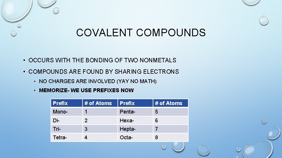 COVALENT COMPOUNDS • OCCURS WITH THE BONDING OF TWO NONMETALS • COMPOUNDS ARE FOUND