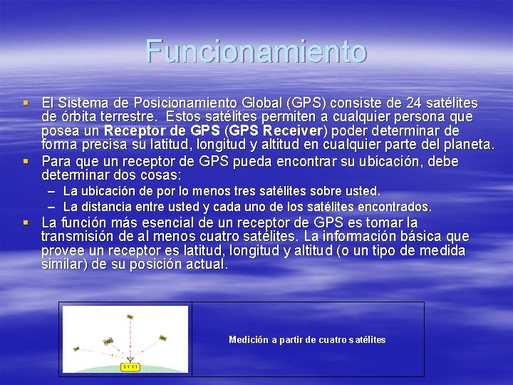 Funcionamiento § El Sistema de Posicionamiento Global (GPS) consiste de 24 satélites de órbita