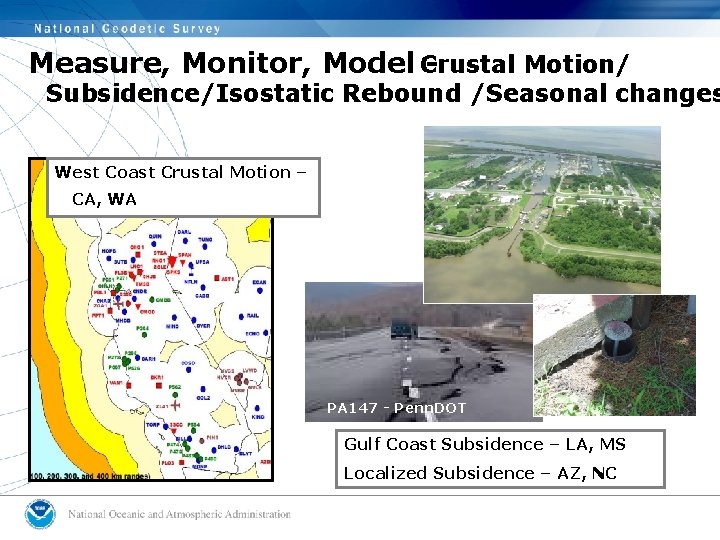 Measure, Monitor, Model Crustal Motion/ Subsidence/Isostatic Rebound /Seasonal changes West Coast Crustal Motion –