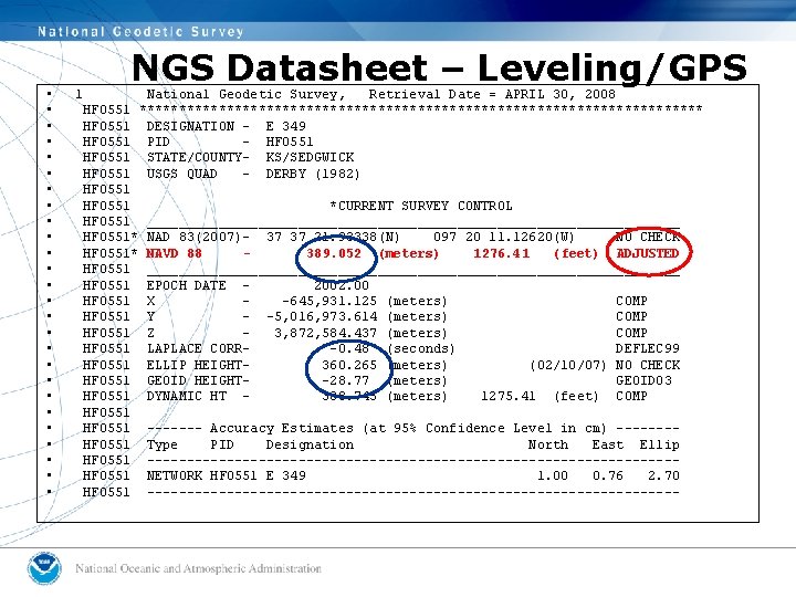 • • • • • • • NGS Datasheet – Leveling/GPS 1 National • • • • • • • NGS Datasheet – Leveling/GPS 1 National