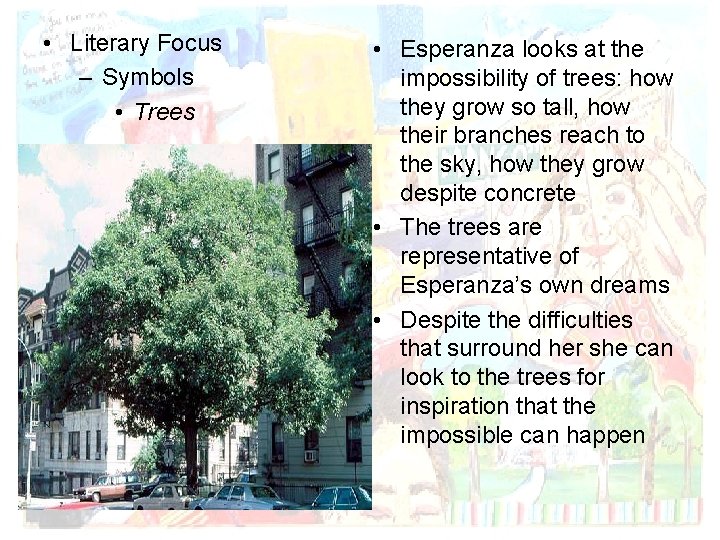 • Literary Focus – Symbols • Trees • Esperanza looks at the impossibility