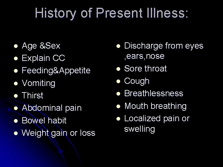 History of Present Illness: l l l l Age &Sex Explain CC Feeding&Appetite Vomiting History of Present Illness: l l l l Age &Sex Explain CC Feeding&Appetite Vomiting