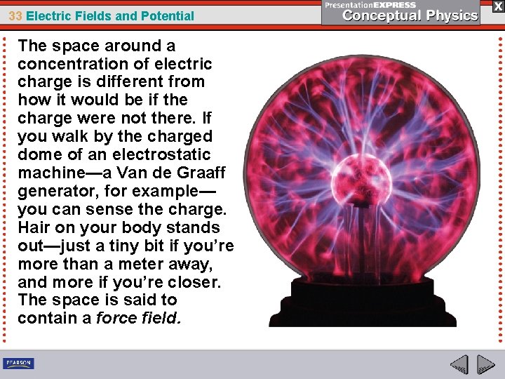 33 Electric Fields and Potential The space around a concentration of electric charge is