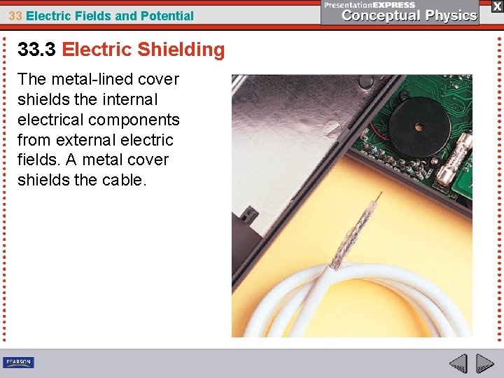 33 Electric Fields and Potential 33. 3 Electric Shielding The metal lined cover shields