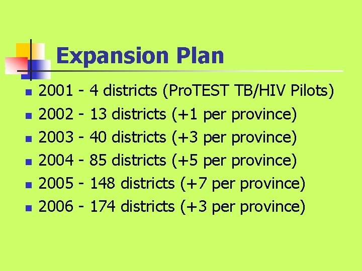 Expansion Plan n n n 2001 2002 2003 2004 2005 2006 - 4 districts Expansion Plan n n n 2001 2002 2003 2004 2005 2006 - 4 districts