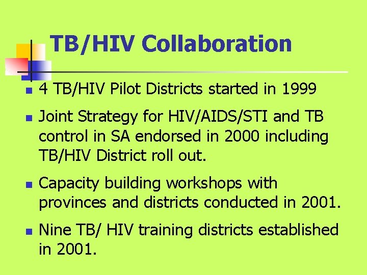 TB/HIV Collaboration n n 4 TB/HIV Pilot Districts started in 1999 Joint Strategy for TB/HIV Collaboration n n 4 TB/HIV Pilot Districts started in 1999 Joint Strategy for