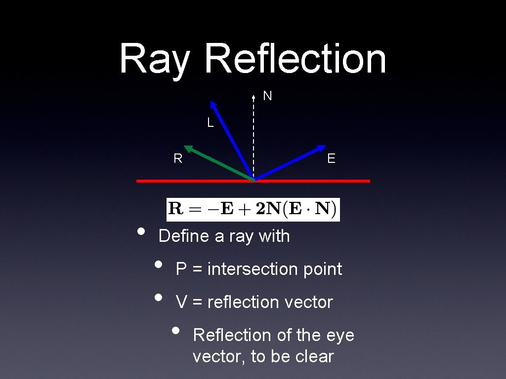 Ray Reflection N L R • E Define a ray with • • P Ray Reflection N L R • E Define a ray with • • P