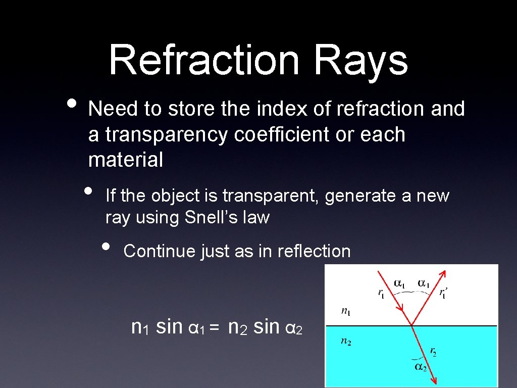 Refraction Rays • Need to store the index of refraction and a transparency coefficient Refraction Rays • Need to store the index of refraction and a transparency coefficient
