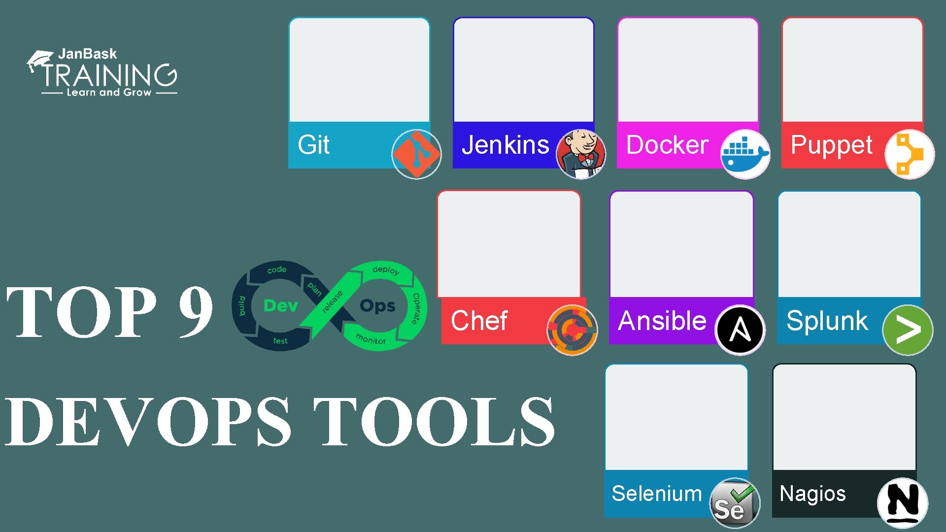 Git TOP 9 Jenkins Chef DEVOPS TOOLS Docker Puppet Ansible Splunk Selenium Nagios 