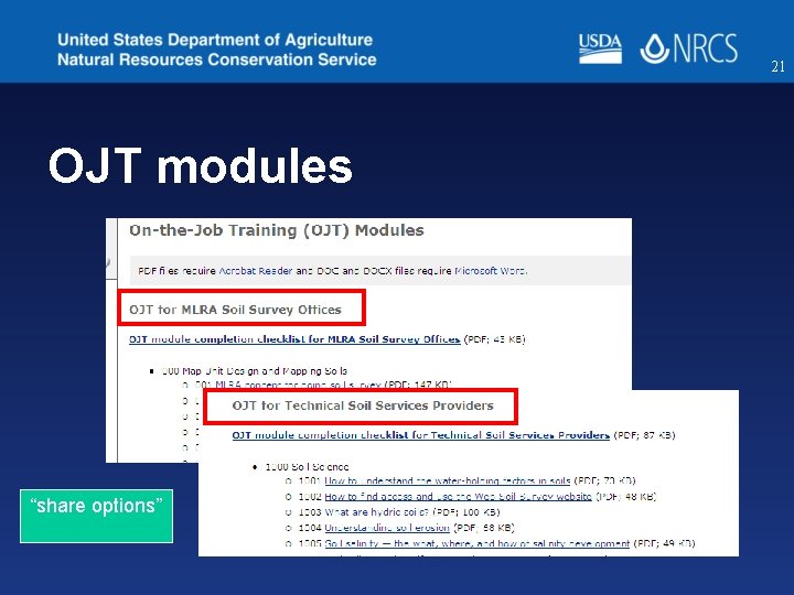 21 OJT modules “share options” 