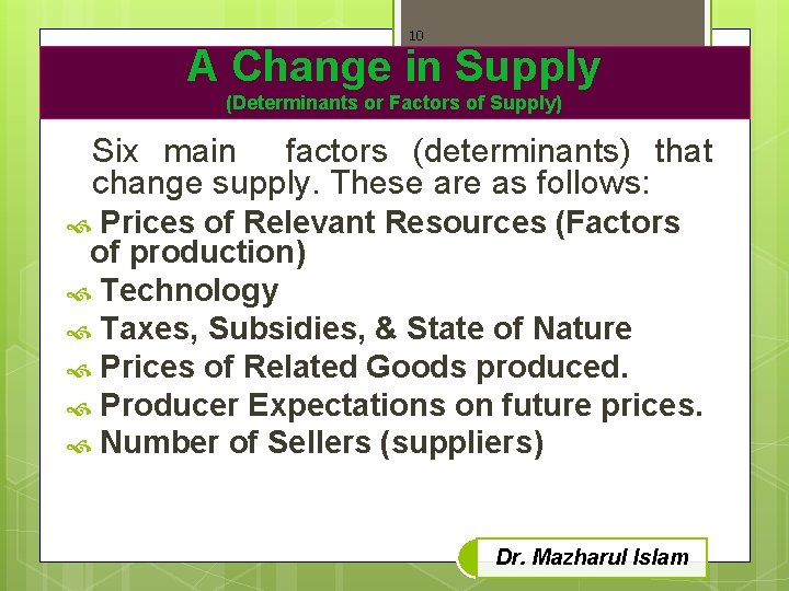 10 A Change in Supply (Determinants or Factors of Supply) Six main factors (determinants)