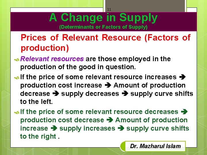 11 A Change in Supply (Determinants or Factors of Supply) Prices of Relevant Resource