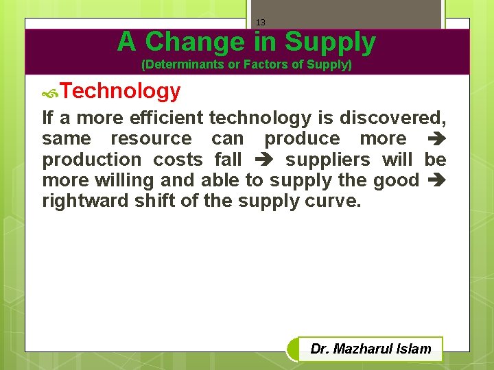 13 A Change in Supply (Determinants or Factors of Supply) Technology If a more