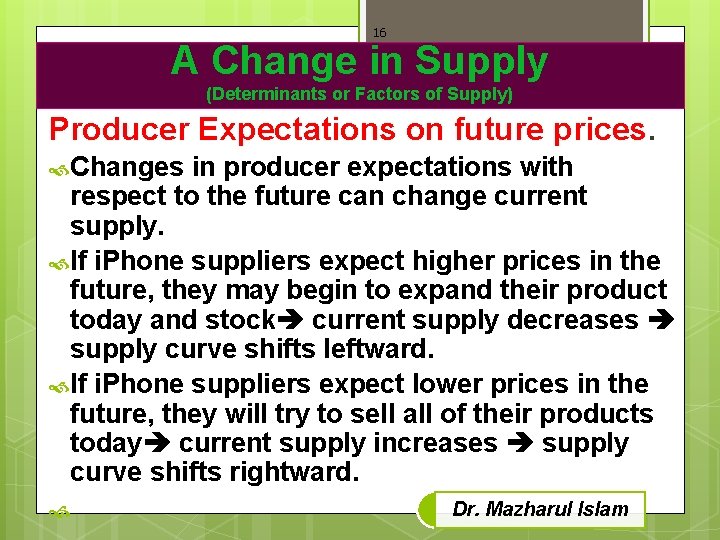 16 A Change in Supply (Determinants or Factors of Supply) Producer Expectations on future