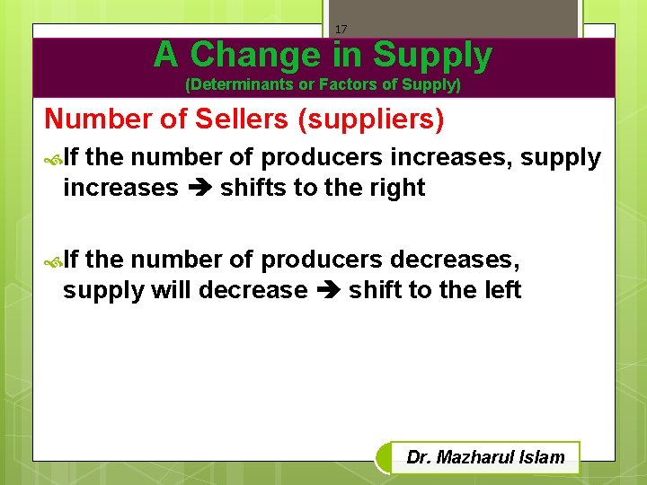 17 A Change in Supply (Determinants or Factors of Supply) Number of Sellers (suppliers)