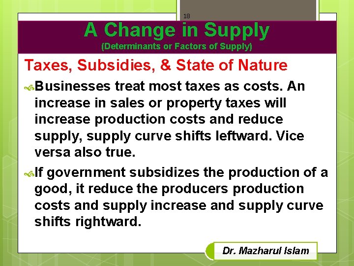 18 A Change in Supply (Determinants or Factors of Supply) Taxes, Subsidies, & State