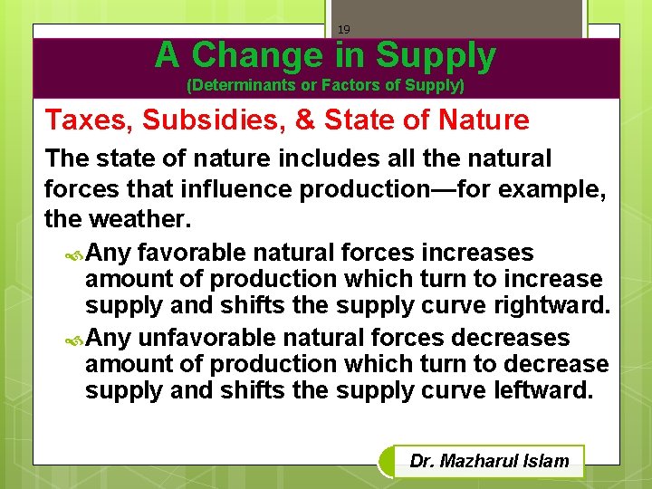 19 A Change in Supply (Determinants or Factors of Supply) Taxes, Subsidies, & State